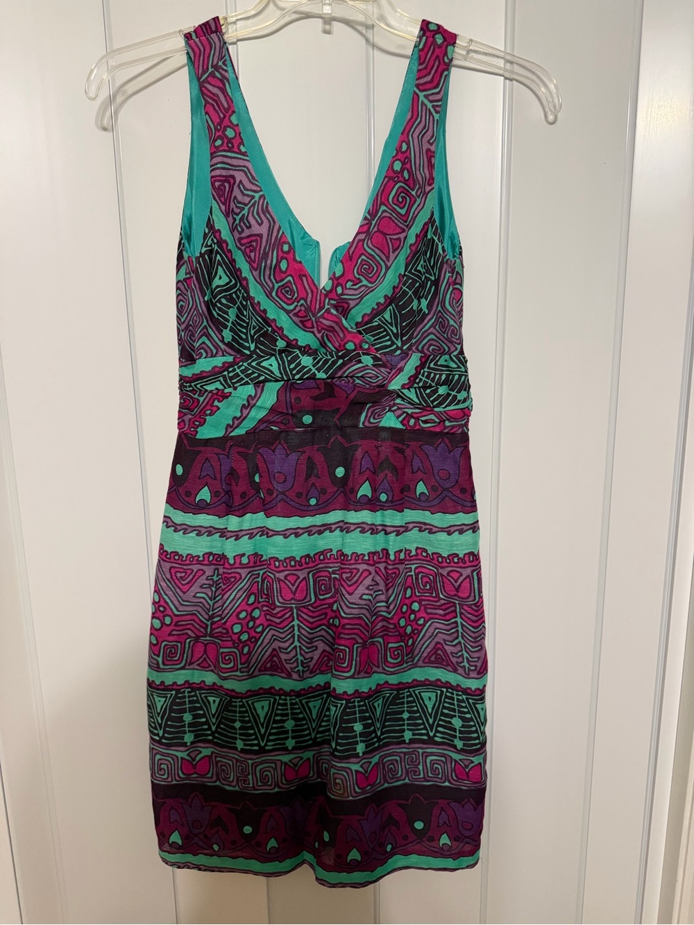 Sleeveless V-Neck Printed Shift Dress in Teal and Magenta Silk and Linen